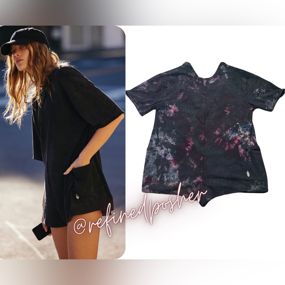 Free People Movement Hot Shot Tee Romper size Medium NEW Black Reverse Tie Dye
